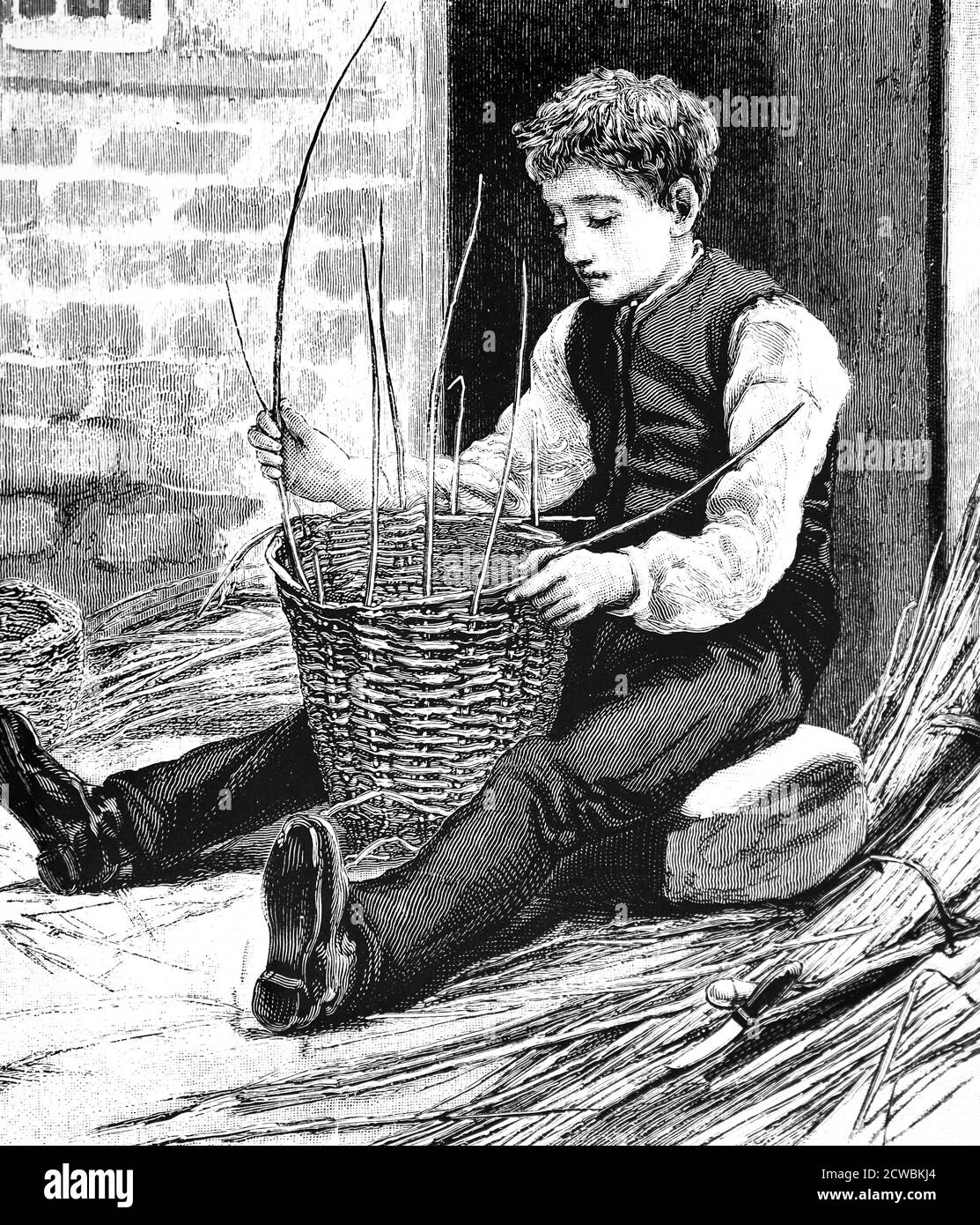 Gravur, die einen blinden Jungen zeigt, der einen Korb aus einem Korbweiler macht. Stockfoto