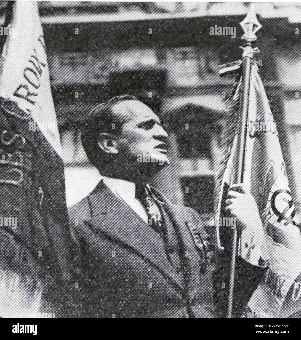 Schwarz-Weiß-Foto von LT. Col. La Rocque, Kopf des Kreuzes des Feuers. Die Croix-de-Feu war eine nationalistische französische Liga der Zwischenkriegszeit, angeführt von Colonel Francois de la Rocque (1885-1946). Stockfoto