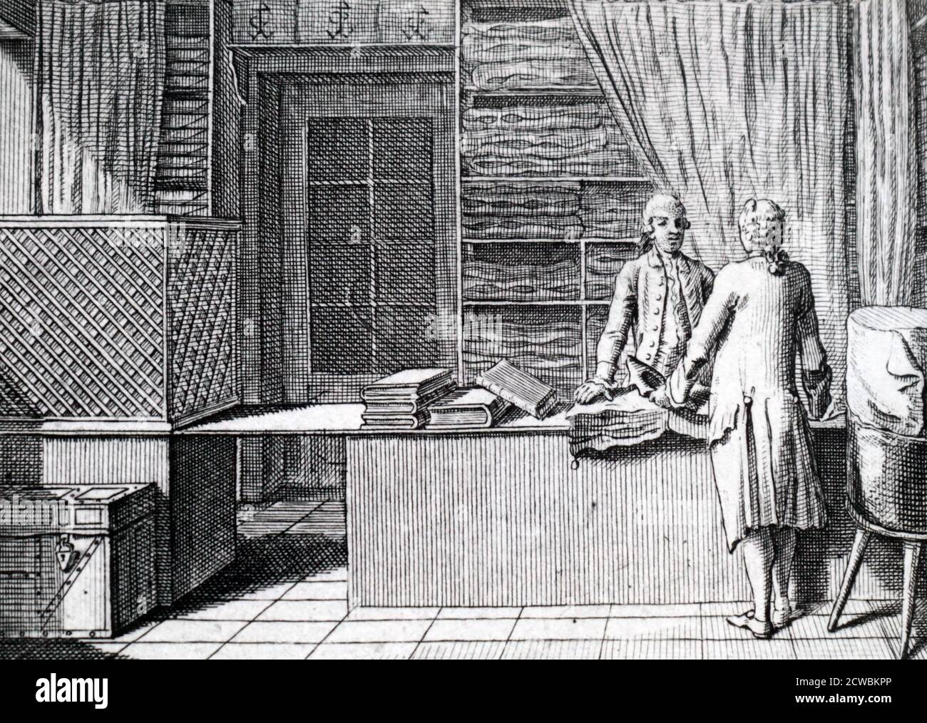 Gravur, die einen Ladenbesitzer darstellt, der einen Kunden bedient. Stich nach Daniel Nicolas Chodowiecki (1726-1801) 'der Hogarth von Deutschland'. Stockfoto