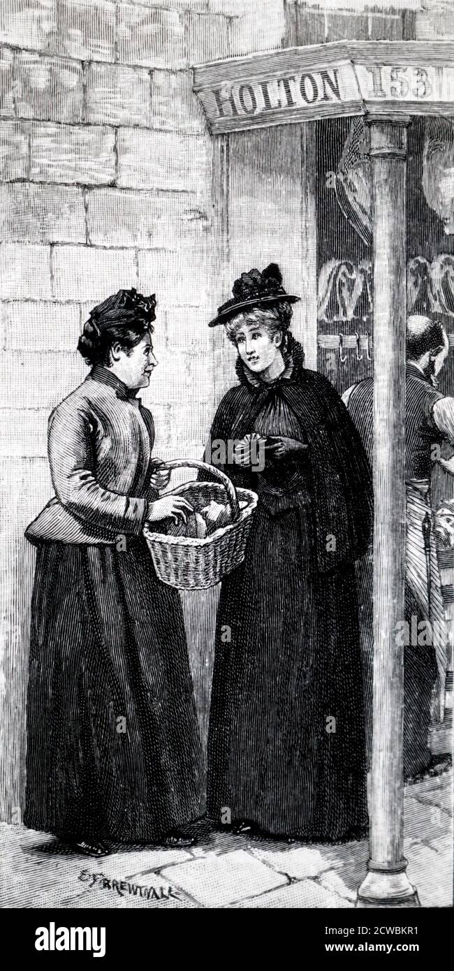 Gravur, die Frauen beim Einkaufen zeigt; wartet vor dem Metzgerladen. Stockfoto