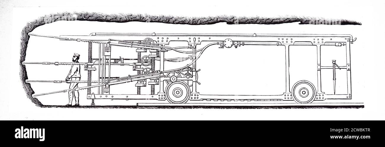 Gravur mit einer Sommeiller-Bohrmaschine im Mont Cenis-Tunnel. Stockfoto
