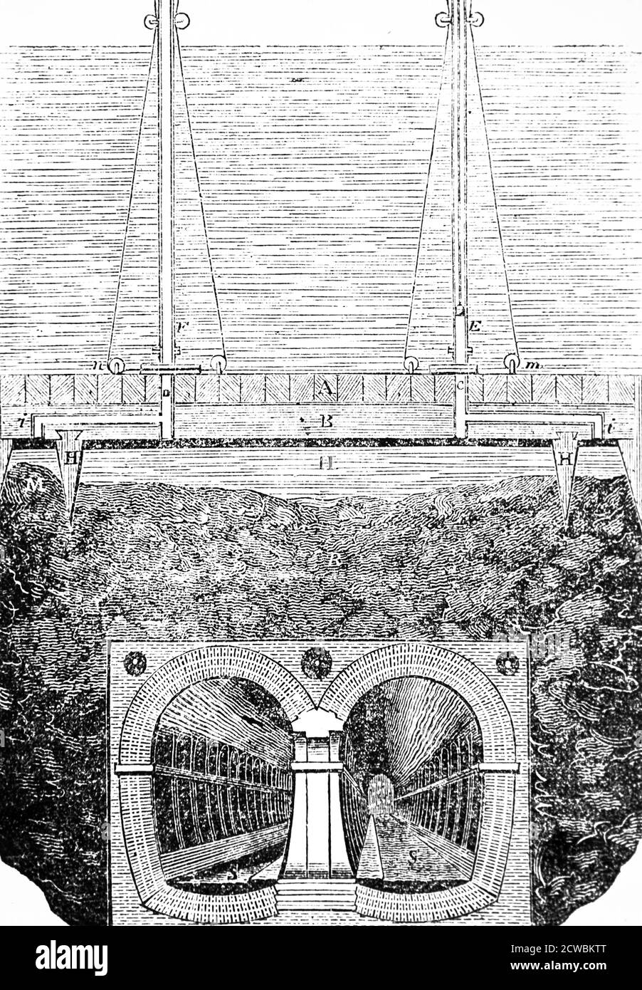 Gravur, die Garveys Plan darstellt, einen wasserdichten Schild auf das Bett der Themse zu legen, um zu verhindern, dass die Tunnelarbeiten darunter überflutet werden. Stockfoto