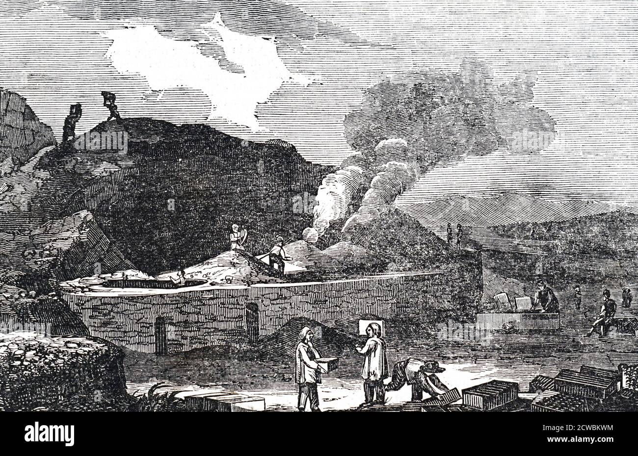 Gravur, die die Verbrennung von Schwefel in Sizilien, Italien darstellt. Stockfoto