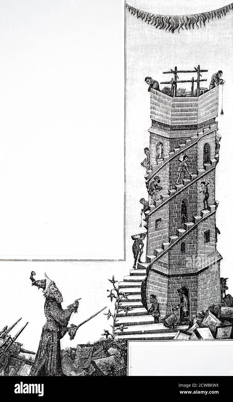 Gravur, die die Nachkommen Noahs beim Bau des Turms zu Babel zeigt. Stich nach einer Handschrift aus dem 15. Jahrhundert. Stockfoto