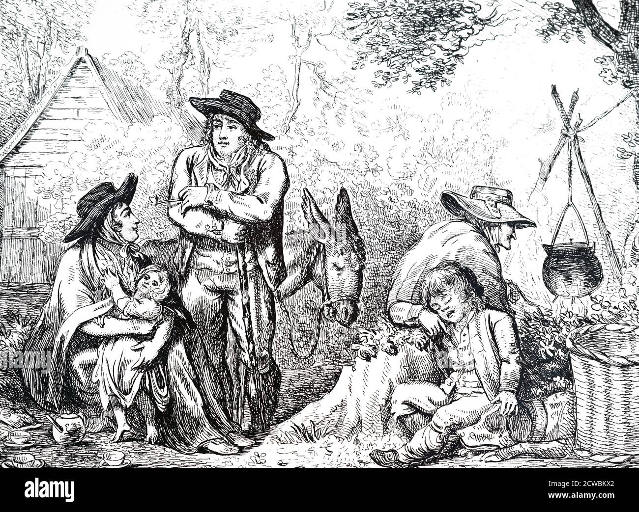 Gravur, die eine Familie von Wanderverkäufern von Staffordshire Ware in ihrem Abendlager zeigt. Illustriert von George Moutard Woodward und geätzt von Isaac Cruikshank. Stockfoto