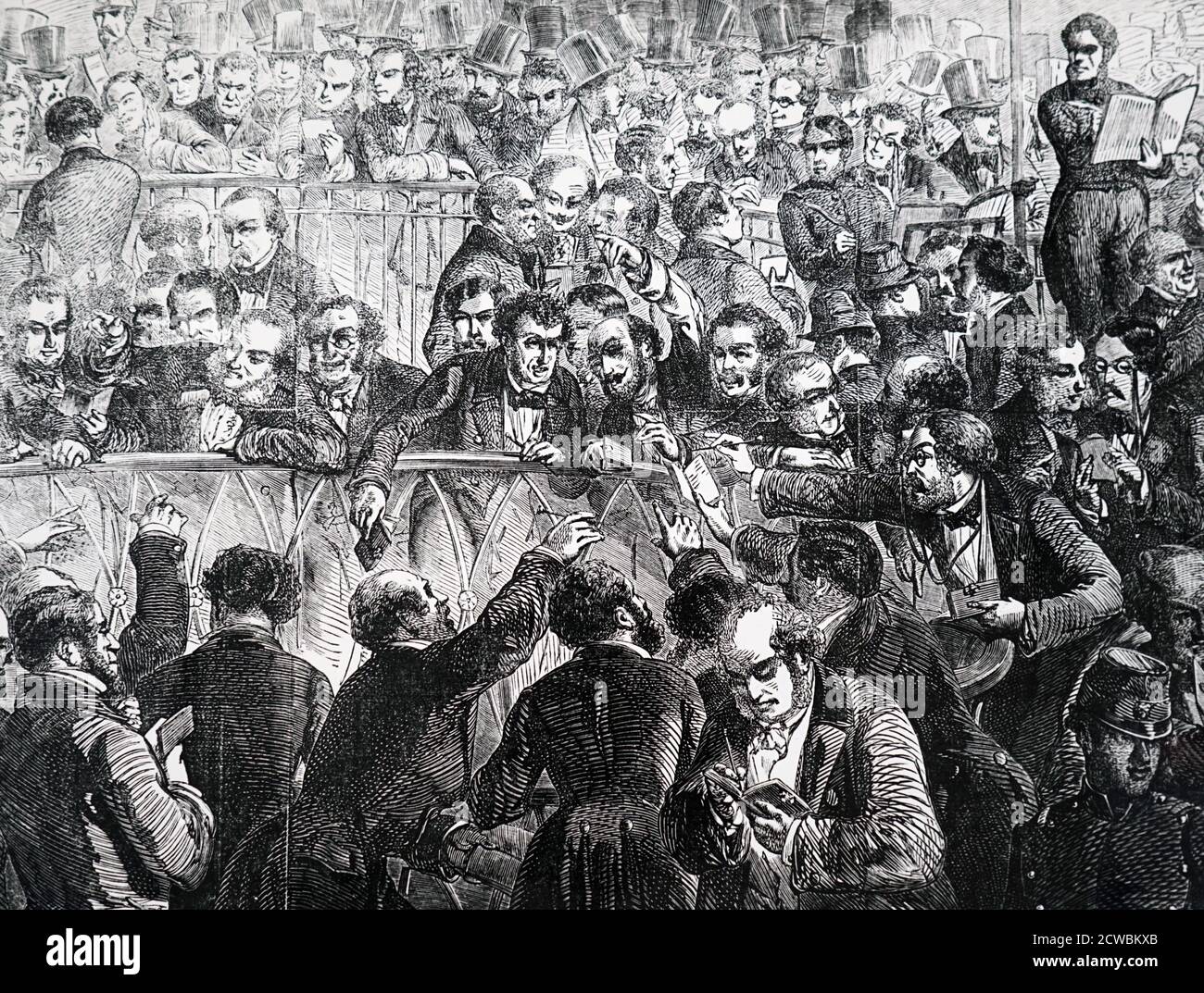 Gravur mit einer Szene innerhalb der Pariser Börse (Exchange). Stockfoto