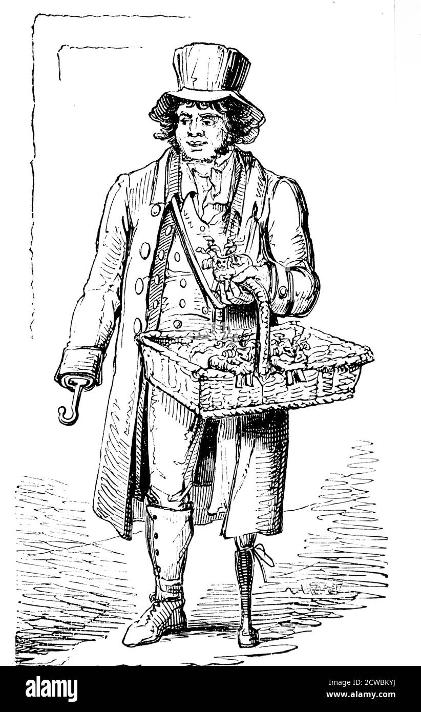 Gravur mit William Liston, Veteran der Kampagne 1799 in Holland, der eine bekannte Figur im Verkauf von Kinderspielzeug in den Londoner Straßen wurde. Stockfoto