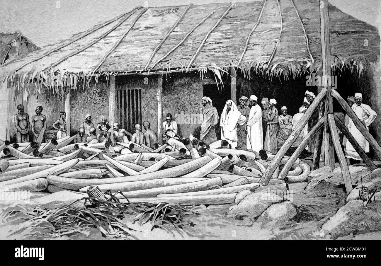 Gravur, die Tippu Tip's Camp in Stanley Falls, Kongo, zeigt eine Ansammlung von Elfenbein wartet auf exportiert werden. Stockfoto