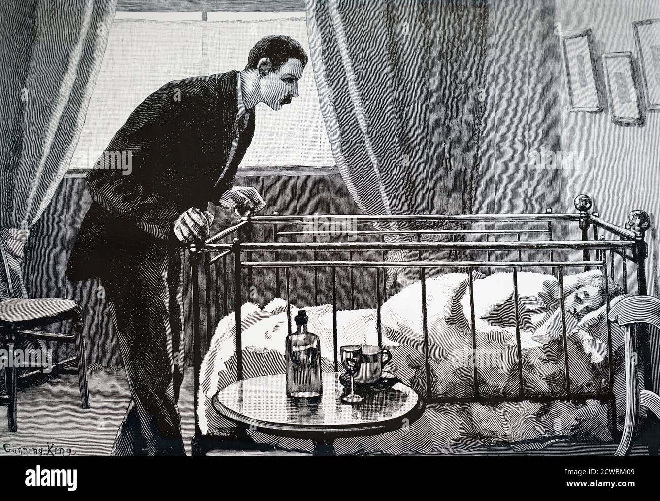 Gravur, die einen ängstlichen Vater zeigt, der sein krankes Kind in einem Kinderbett mit beweglichen Seiten bewacht. Illustriert von Gunning King. Stockfoto