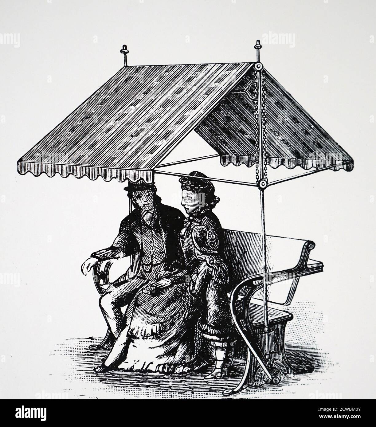 Gravur mit einem Paar, das auf einem Gartensitz sitzt, dessen Rückseite zu einem Tisch hinuntergeschwenkt werden könnte. Stockfoto