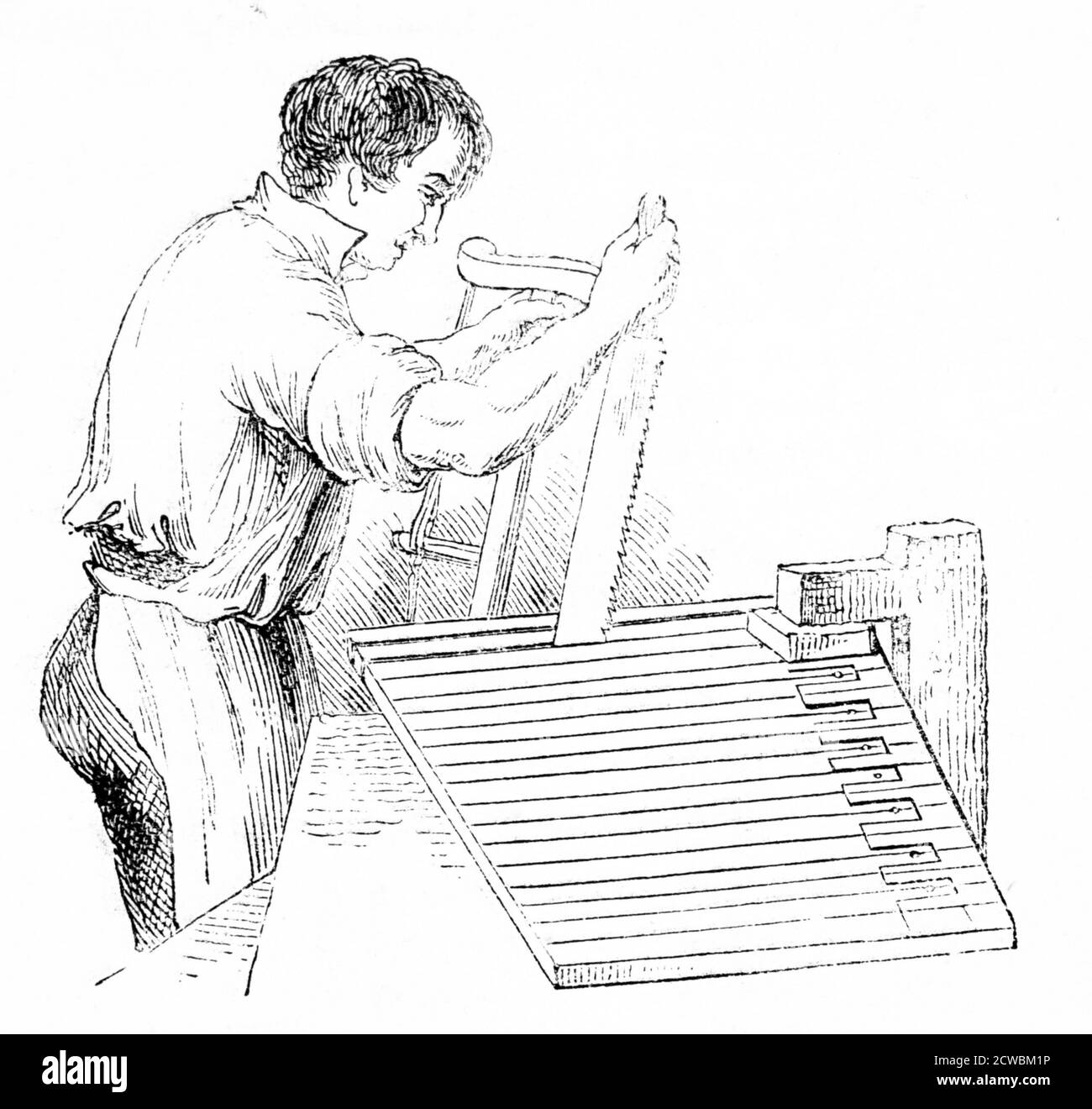Gravur, die den Prozess des Schneidens von Klavierschlüsseln darstellt: Broadwood's Factory, Horseferry Road, London. Stockfoto