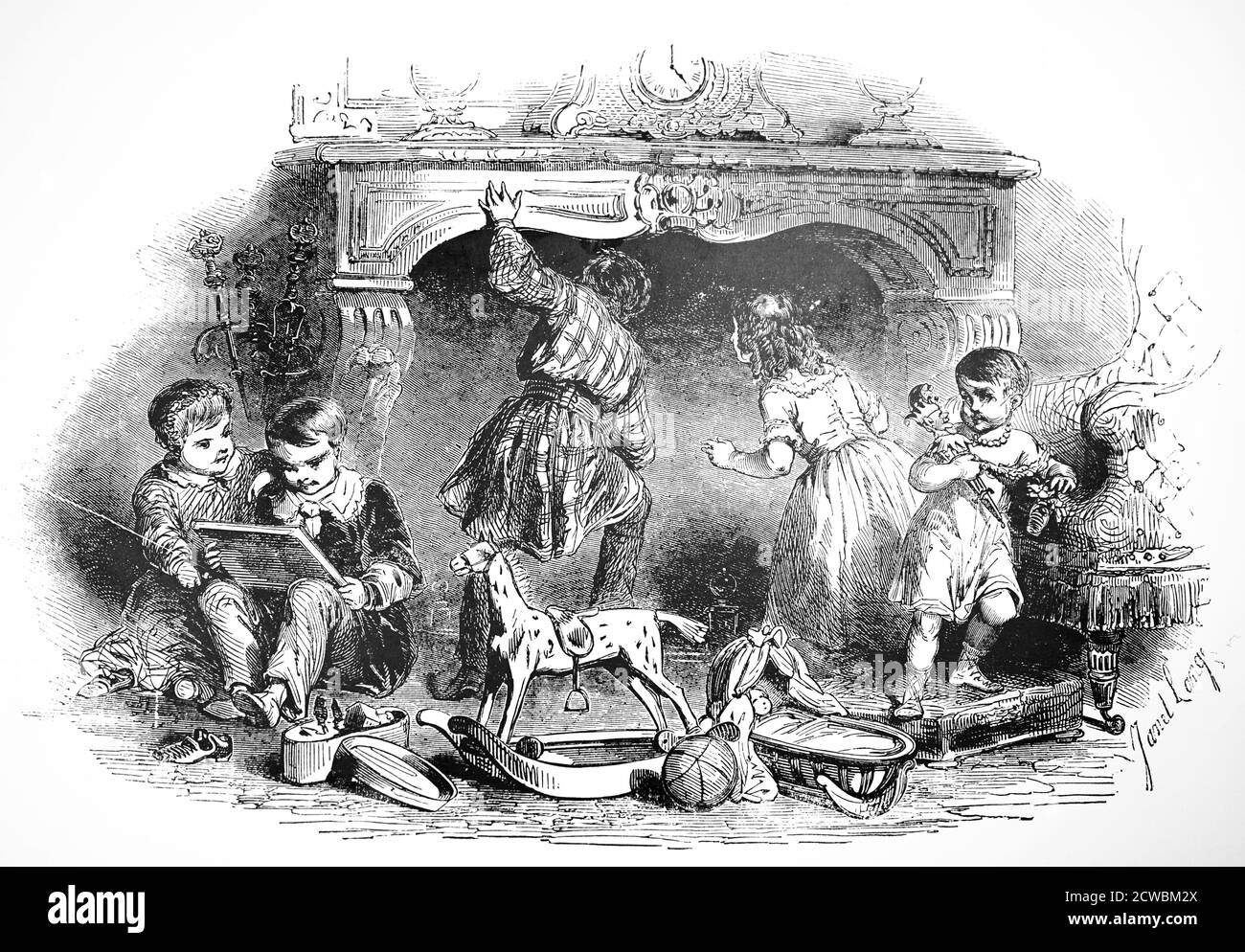 Gravur mit Weihnachtsfeiern in Frankreich: Kinder schauen auf den Schornstein nach Geschenken. Illustriert von Janet lange Stockfoto