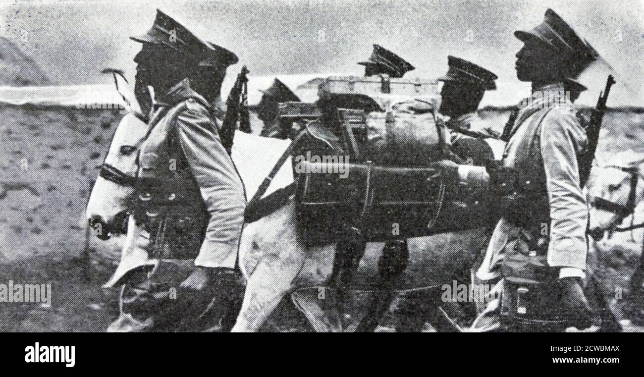 Schwarz-Weiß-Foto des Krieges in Äthiopien nach der italienischen Invasion von 1935; Waffen und Munition der äthiopischen Armee werden von zwei Maultieren transportiert. Stockfoto