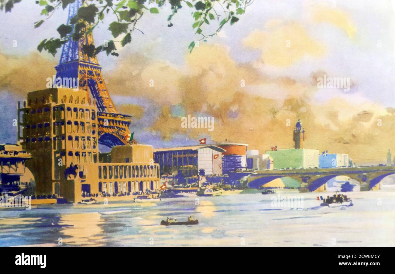 Farbdruck eines Aquarells der Weltausstellung in Paris 1937. Blick auf das linke Seineufer. Stockfoto