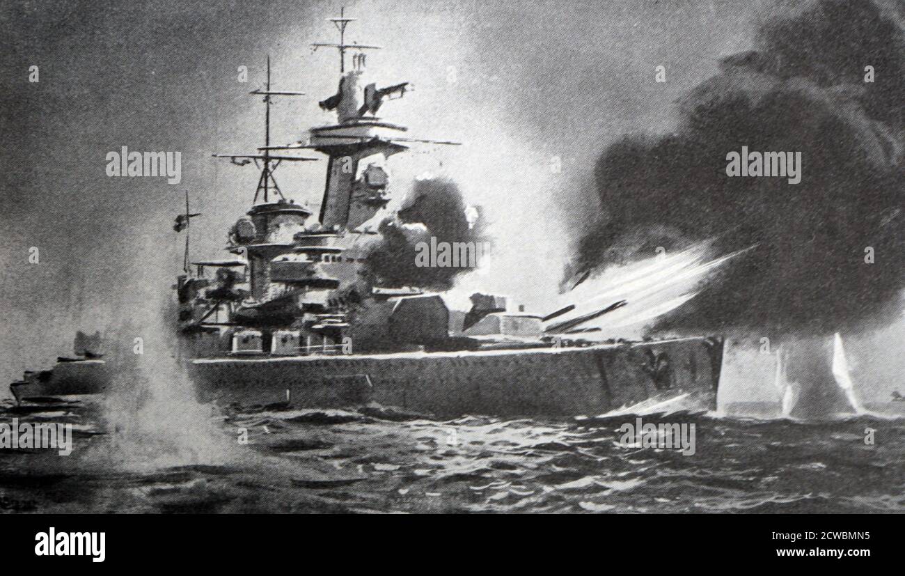 Schwarz-Weiß-Fotografie von der Zerstörung des deutschen Schlachtschiffs Admiral Graf von Spee, Dezember 1939. Stockfoto