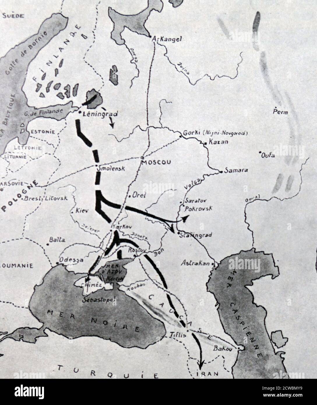 Schwarz-Weiß-Fotografie des Zweiten Weltkriegs (1939-1945); Karte der deutschen Offensive in Russland, die Ende Juli 1941 von der Arktis bis zur Nordsee eingesetzt wurde. Stockfoto