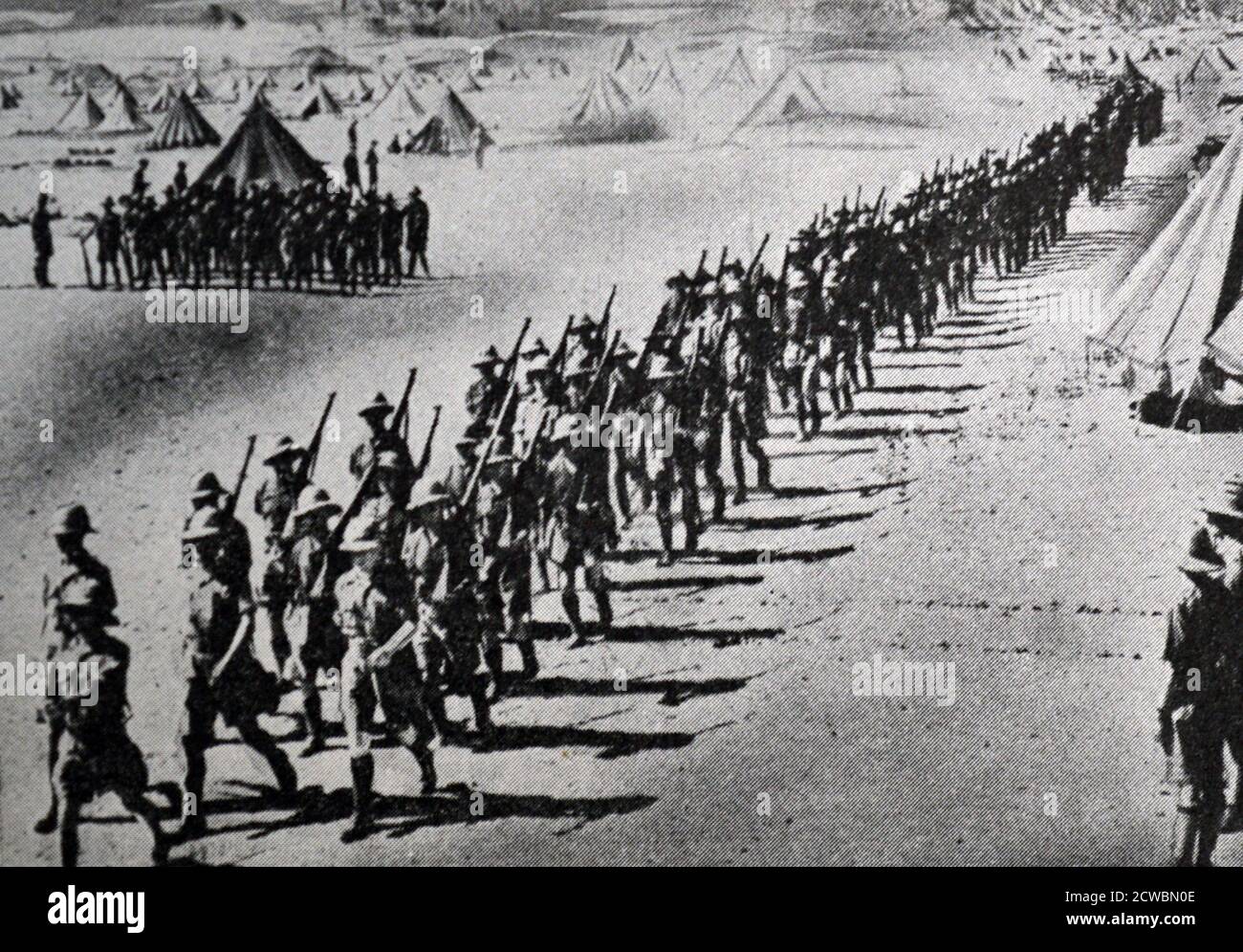 Schwarz-Weiß-Fotografie des Zweiten Weltkriegs (1939-1945); der Krieg in Nordafrika. Britische Verstärkung in der Wüste außerhalb von Kairo. Stockfoto
