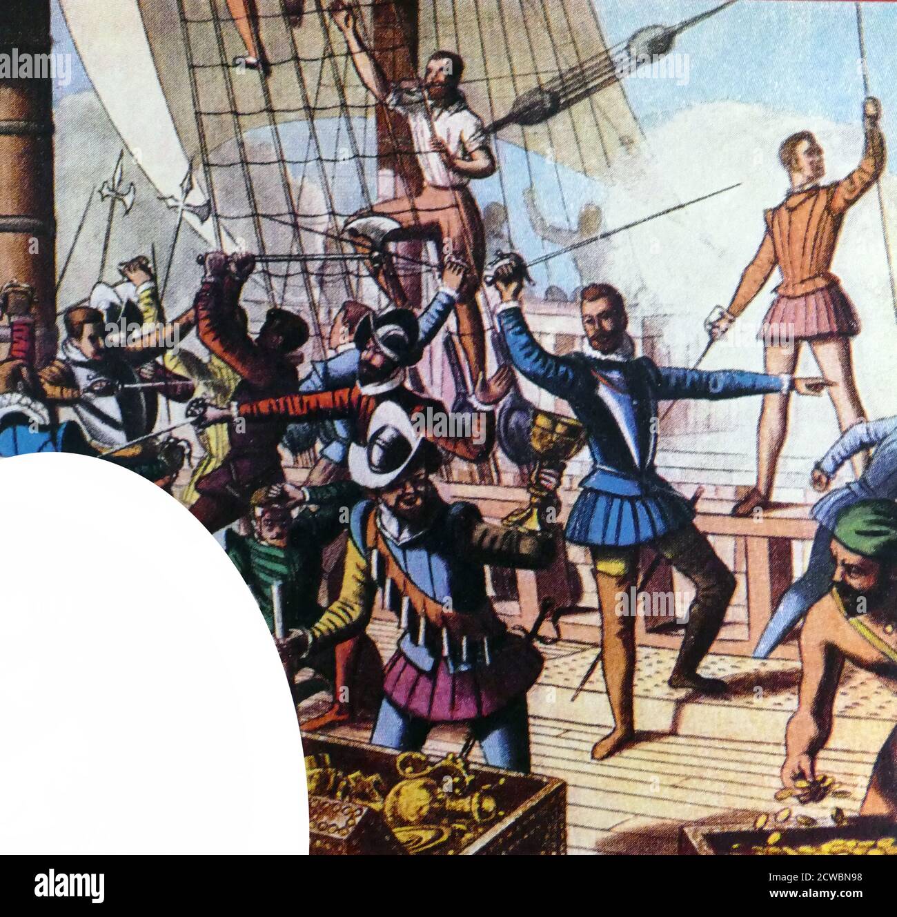 Abbildung zeigt Sir Francis Drake, der ein spanisches Schatzschiff ergaß. Francis Drake (c. 1540. - 28. Januar 1596, war ein englischer Kapitän, Privatmann, Sklavenhändler, Pirat, Marineoffizier und Entdecker der elisabethanischen Ära. Drake führte die zweite Weltumrundung in einer einzigen Expedition durch, von 1577 bis 1580, und war der erste, der die Reise als Kapitän abschliessen konnte, während er die Expedition während der gesamten Umrundung führte. Stockfoto