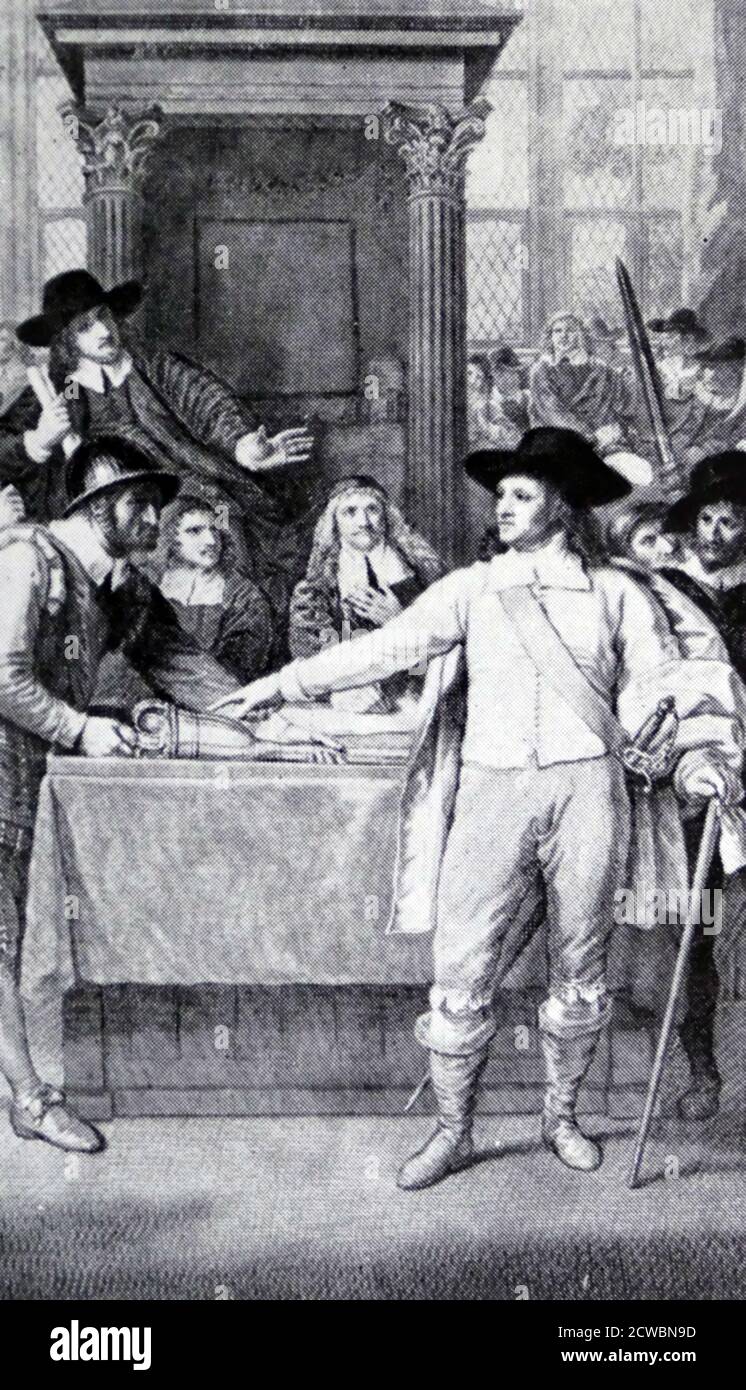 Illustration mit Oliver Cromwell (1599 - 1658), englischem Militär- und politischen Führer. Er diente als Lord Protector des Commonwealth von England, Schottland und Irland. Cromwell war einer der Unterzeichner des Todesurteil von König Karl I. im Jahr 1649, und er dominierte das kurzlebige Commonwealth of England als Mitglied des Rump Parliament (1649-1653). Am 20. April 1653 entließ er das Rumpfparlament mit Gewalt und gründete eine kurzlebige nominierte Versammlung, die als Barebones-Parlament bekannt ist Stockfoto