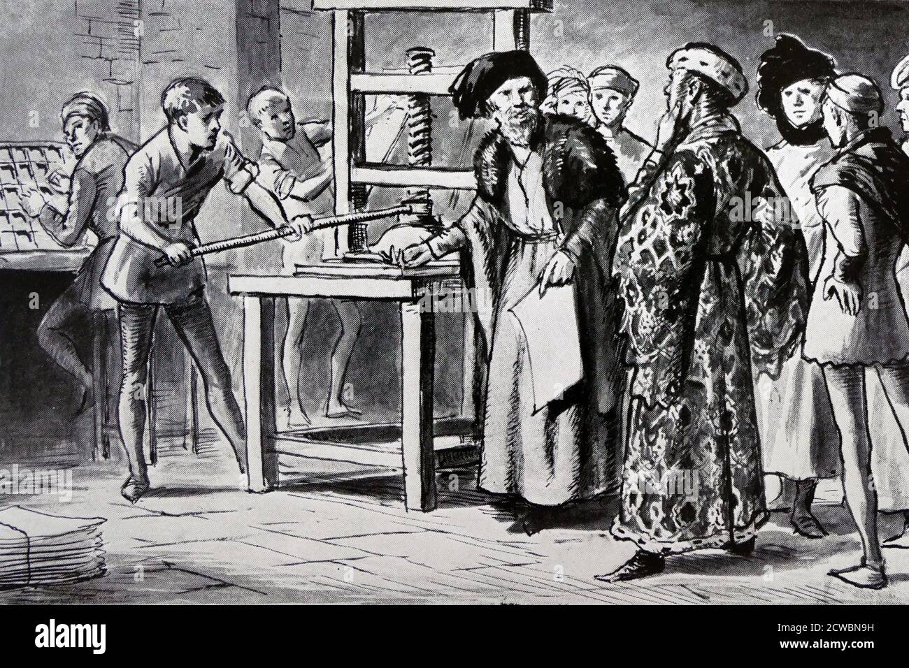 Illustration aus einem Kinderbuch, das Besucher von William Caxtons Druckmaschine darstellt. William Caxton (c. 1422 - c. 1491) war ein englischer Kaufmann, Diplomat und Schriftsteller. Er gilt als der erste, der 1476 eine Druckmaschine in England eingeführt hat, und war als Drucker der erste englische Einzelhändler für gedruckte Bücher. Stockfoto