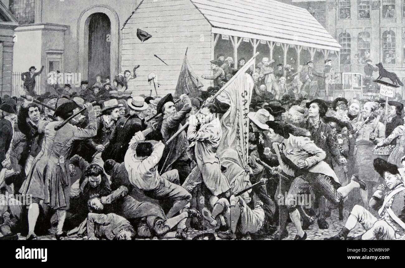 Abbildung eines Kampfes zwischen rivalisierenden politischen Gruppen in Covent Garden, London, im 18. Jahrhundert. Stockfoto