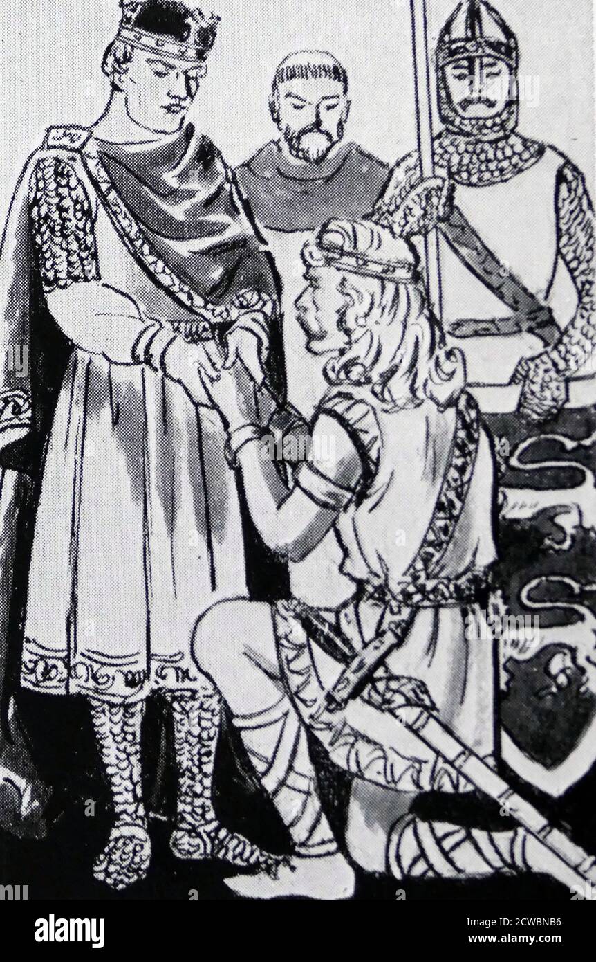 Abbildung Darstellung von Hereward's vor Wilhelm dem Eroberer, nach dem Fall von Ely. Hereward the Wake ((c. 1035 - c. 1072), ein angelsächsischer Adliger und ein Führer des lokalen Widerstands gegen die normannische Eroberung Englands. Seine Basis, als er die Rebellion gegen die normannischen Herrscher anführte, war die Isle of Ely in East Anglia. Stockfoto