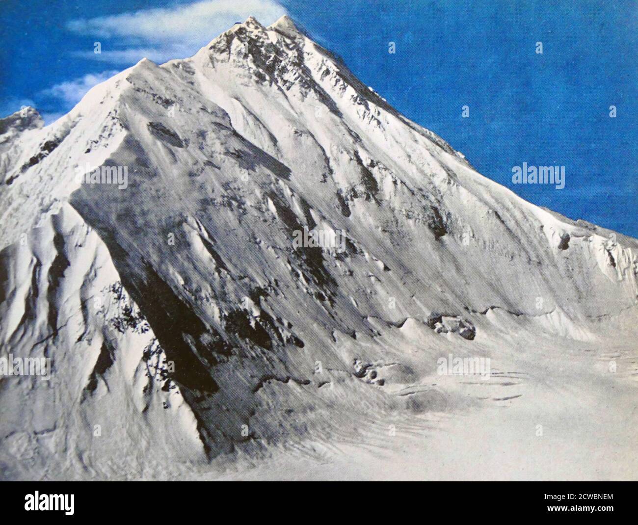 Nordwand des Mount Everest 1953. Der Mount Everest ist der höchste Berg der Erde über dem Meeresspiegel und liegt im Mahalangur Himal-Untergebiet des Himalaya in der Provinz Nr. 1 im Osten Nepals. Stockfoto