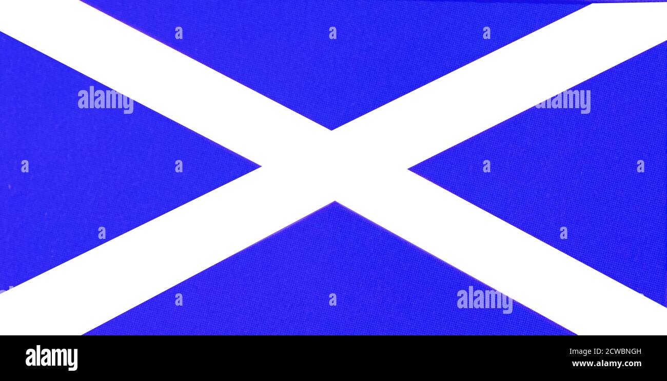 Abbildung zeigt die Flagge Schottlands, auch bekannt als St Andrew's Cross oder der Saltyre. Die Flagge ist erstmals mit der Darstellung einer heraldischen Flagge in Sir David Lyndsay of the Mount's Register of Scottish Arms, um 1542, aufgezeichnet. Stockfoto