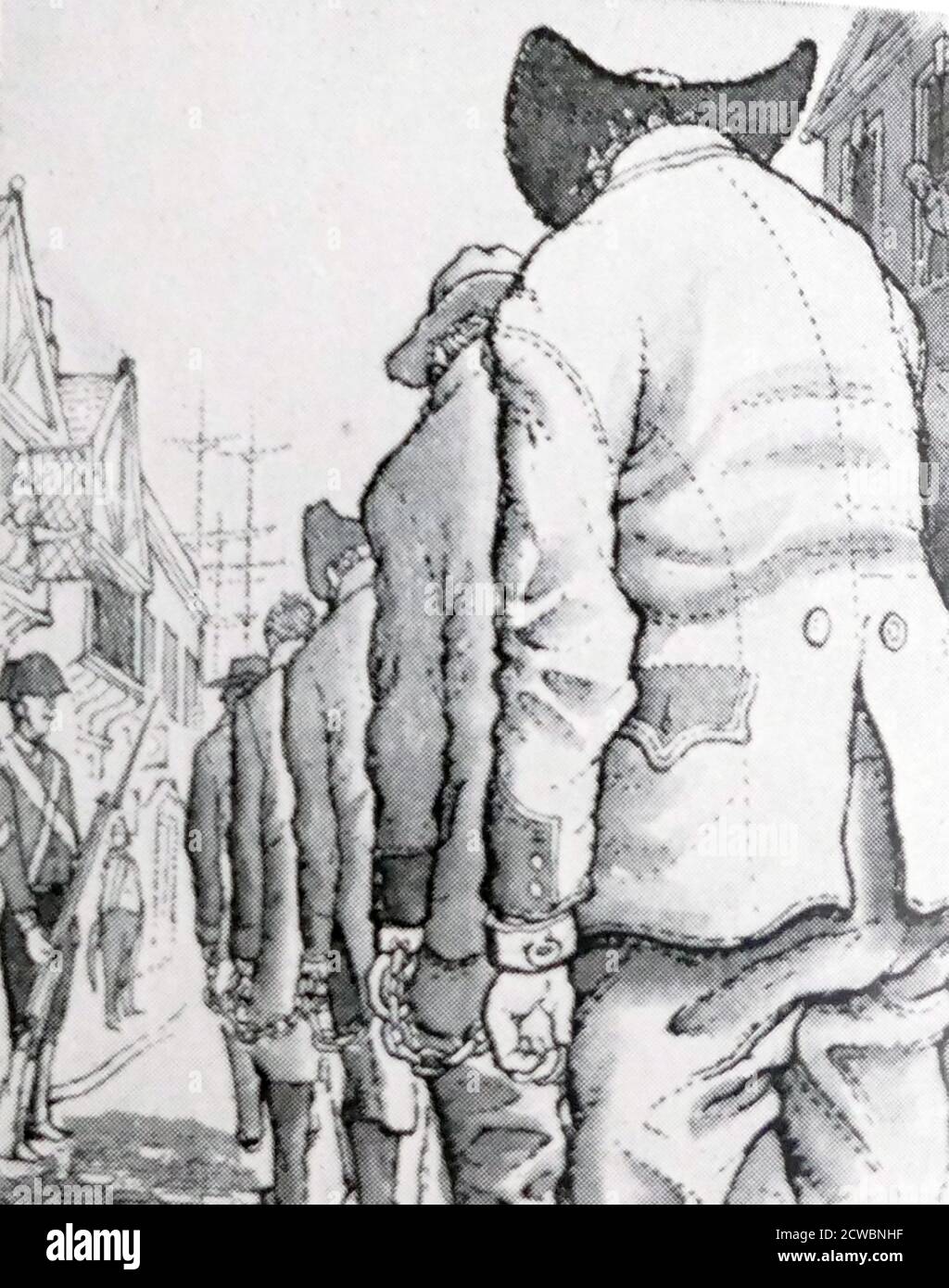 Abbildung zeigt Gefangene, die in Ketten zu einem Gefängnisschiff marschieren oder für die Deportation ein Gefängnisschiff ausweisen. Diese Praxis war am weitesten verbreitet im siebzehnten und achtzehnten Jahrhundert Großbritannien Stockfoto
