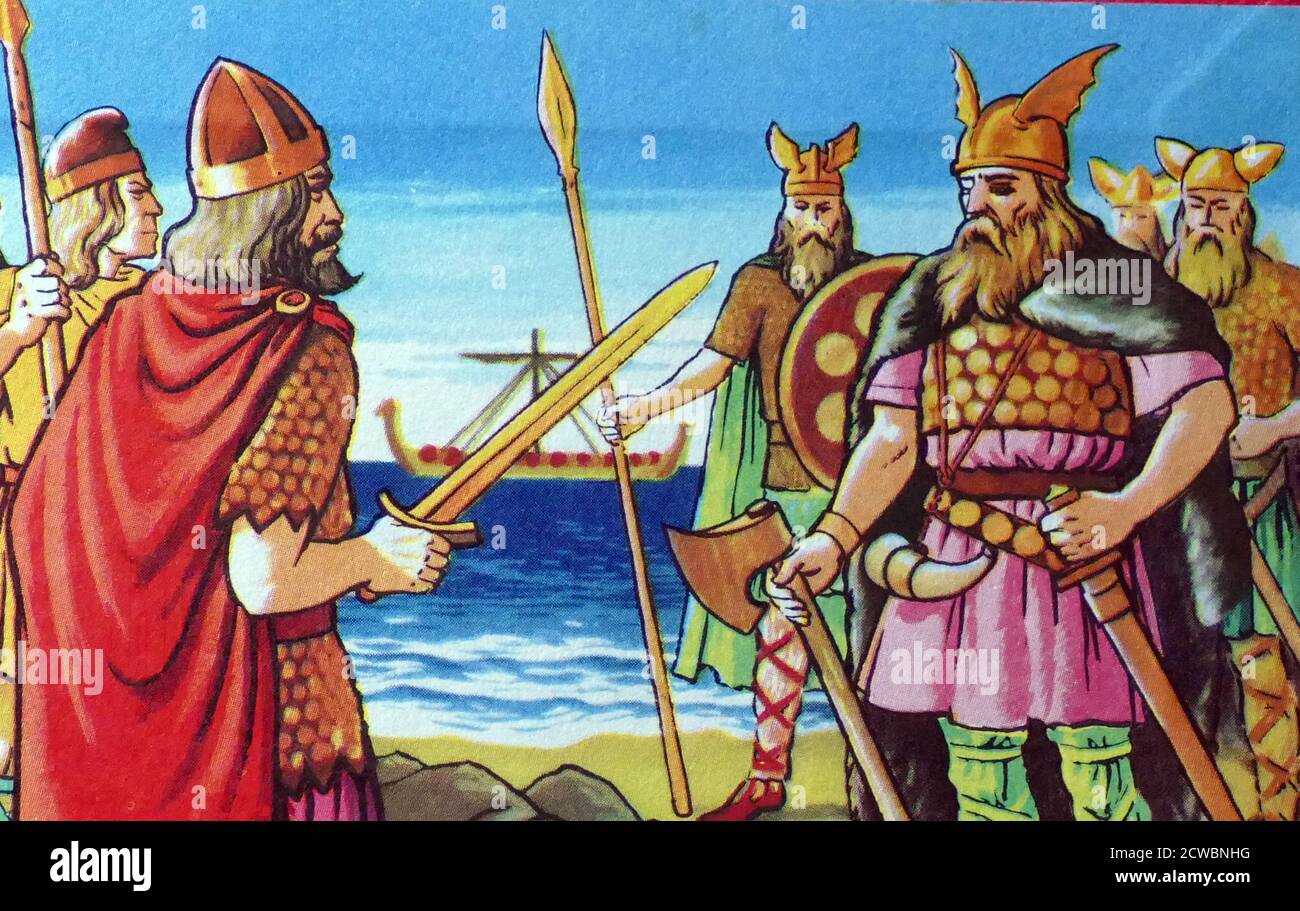 Abbildung zeigt Angelsachsen, die England gegen Wikingereindringlinge um den 9. Verteidigten Jahrhundert Stockfoto