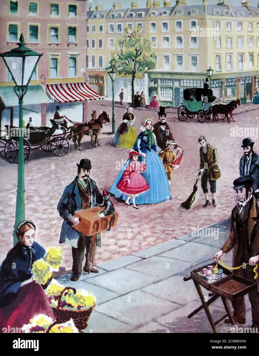 Abbildung einer viktorianischen Londoner Straßenszene. Ein Orgelschleifer, Kreuzkehrmaschine und Blumenverkäufer werden gezeigt. Stockfoto