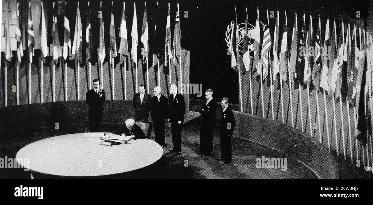 Am 25. April 1945 wurde in San Francisco die UN-Konferenz über internationale Organisation eröffnet, an der 50 Regierungen und eine Reihe von Nichtregierungsorganisationen teilnehmen, die an der Ausarbeitung der UN-Charta beteiligt sind. Stockfoto