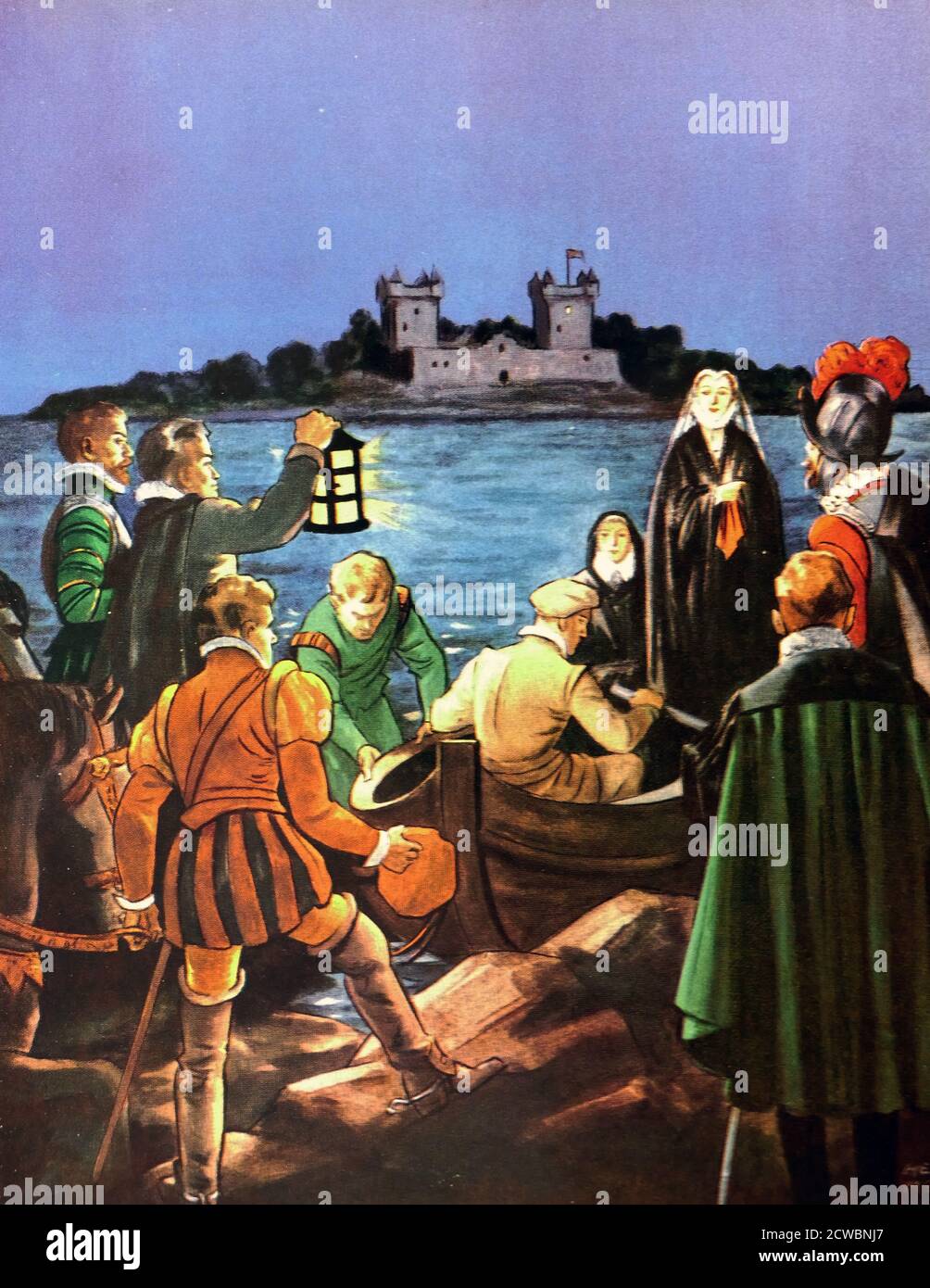 Abbildung zeigt Mary, Königin der Schotten (1542 - 1587), bekannt als Mary Stuart oder Mary I. von Schottland, regierte über Schottland vom 14. Dezember 1542 bis zum 24. Juli 1567. Abbildung zeigt die Flucht Mariens am 2. Mai 1568. Mary entkam dem Loch Leven Castle mit Hilfe von George Douglas, dem Bruder von Sir William Douglas, dem Besitzer des Schlosses. Stockfoto
