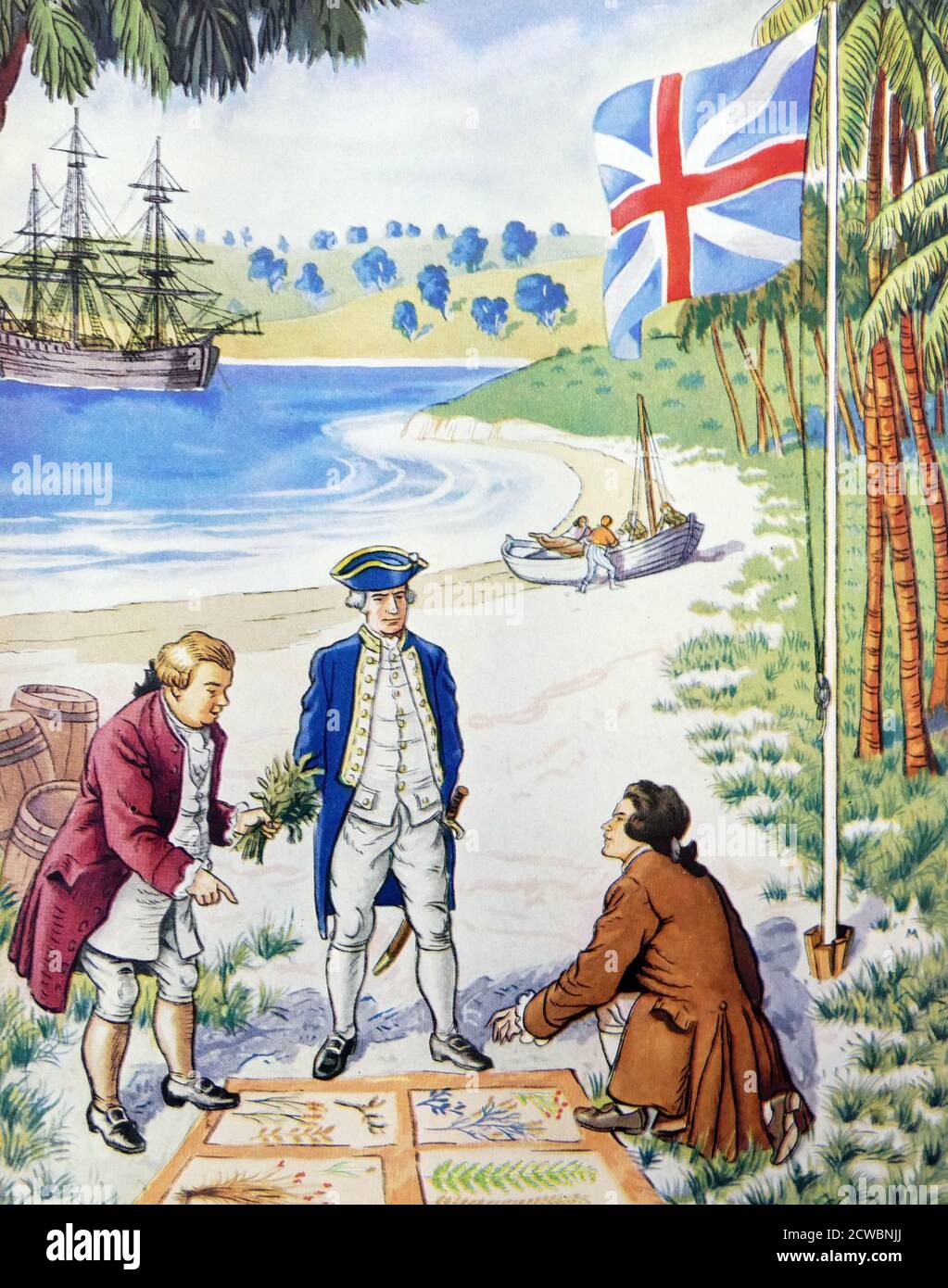 Abbildung: Captain James Cook landete am Sonntag, dem 29. April 1770, am südlichen Ufer der Botany Bay, im heutigen Silver Beach, als er sich auf seinem Schiff HMS Endeavour die Ostküste Australiens entlang begab. Cooks Landung markierte den Beginn des Interesses Großbritanniens an Australien und an der späteren Kolonisierung dieses neuen "südlichen Kontinents". Stockfoto