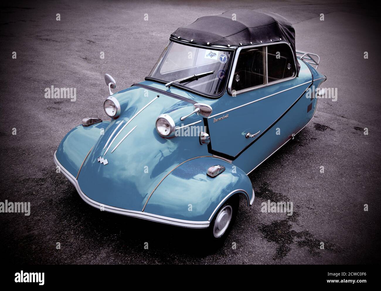 FMR Messerschmitt TG500 Roadster Kabinenroller Kabinenroller Dreirad 3-Rad-Blase winziges Kleinwagen in lichtblau hellblau. 1958-1961 Stockfoto