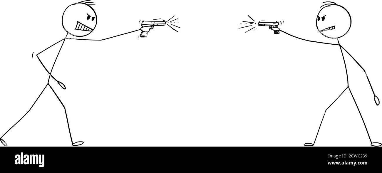 Vektor Cartoon Stick Figur Zeichnung konzeptionelle Illustration von zwei gefährlichen wütenden Männer schießen eine Waffe, Pistole oder Pistole auf einander. Stock Vektor
