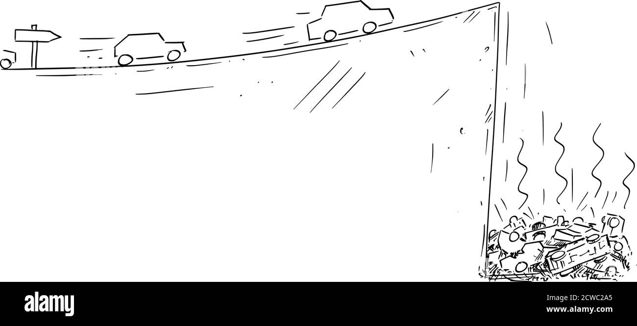 Vektor-Cartoon-Zeichnung konzeptionelle Illustration von Autos schnell nach dem Straßenschild, sondern fallen von der Klippe. Konzept der Sackgasse Technologie, Ökologie, Planung, Strategie oder Hindernisse in Weg. Stock Vektor