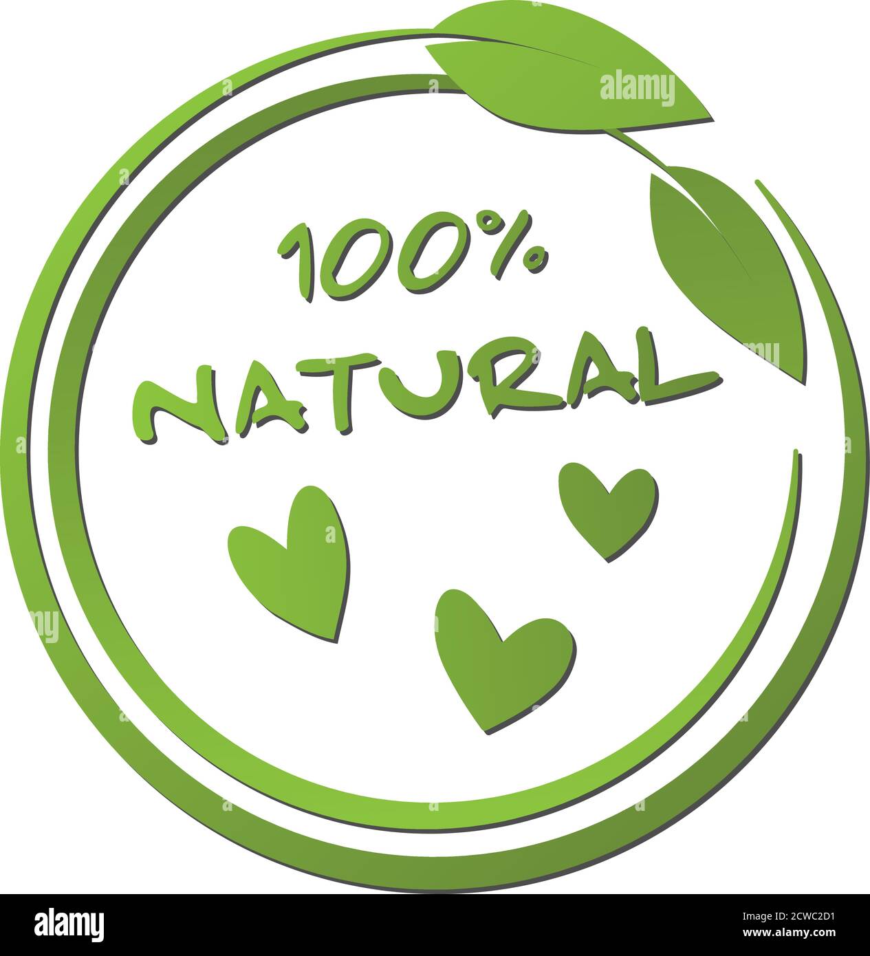 Rundes grünes 100 Prozent natürliches Etikett mit Blatt und Herz Abbildung des Formvektors Stock Vektor