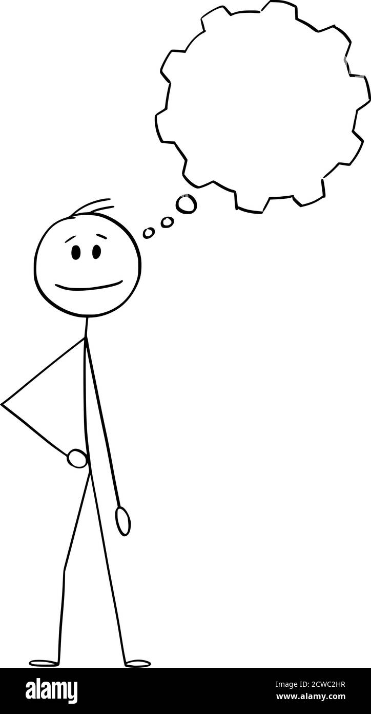 Vektor Cartoon Stick Figur Zeichnung konzeptionelle Illustration des Menschen, Geschäftsmann oder Innovator mit Denkblase oder Ballon in Form von Zahnrad.Er ist für Lösung oder Innovation suchen. Stock Vektor