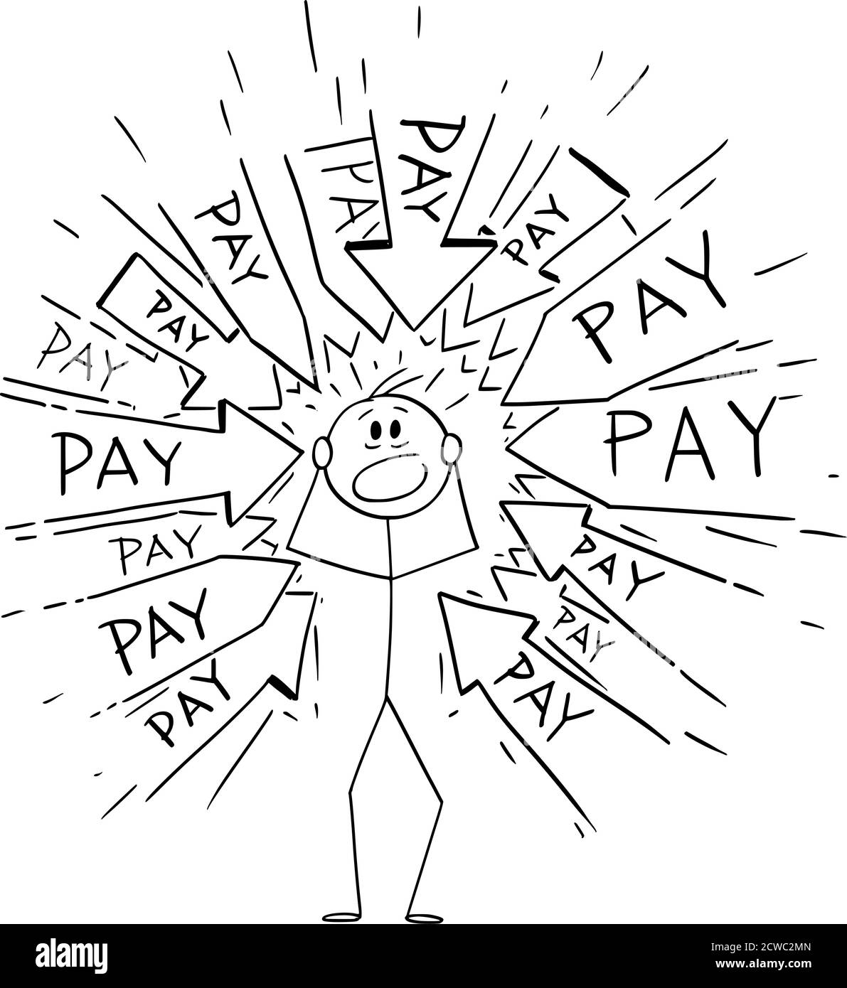 Vektor-Cartoon-Stick Figur Zeichnung konzeptionelle Illustration von gestressten Mann mit vielen Pfeilen auf ihn zu bitten, Geld zu zahlen. Finanzielles Konzept von Ausgaben, Budget und Einkommen. Stock Vektor