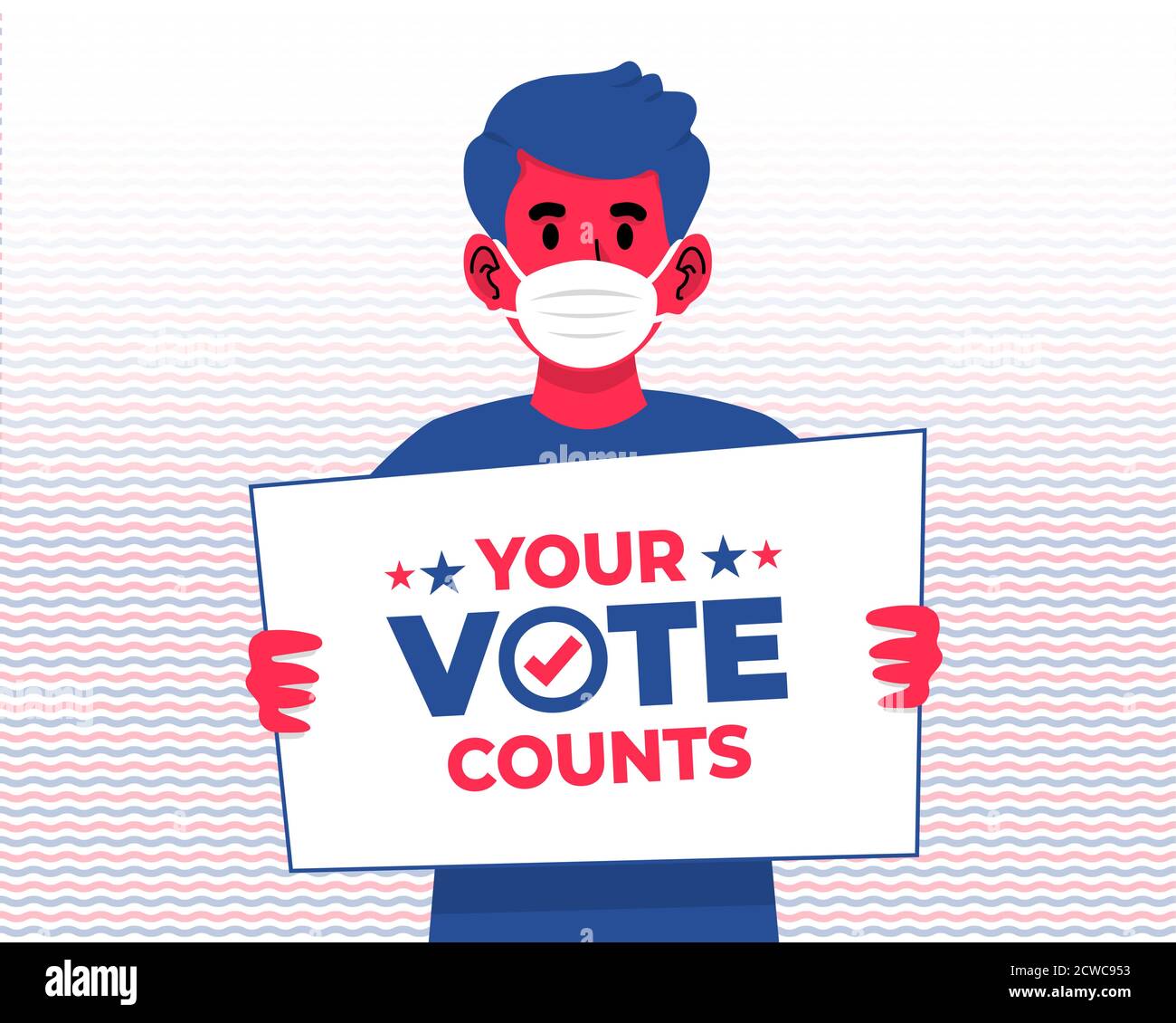 Junge mit Gesichtsmaske mit einem Schild zur Förderung der Abstimmung bei den US-Präsidentschaftswahlen 2020. Ihre Stimme zählt Satz Stock Vektor