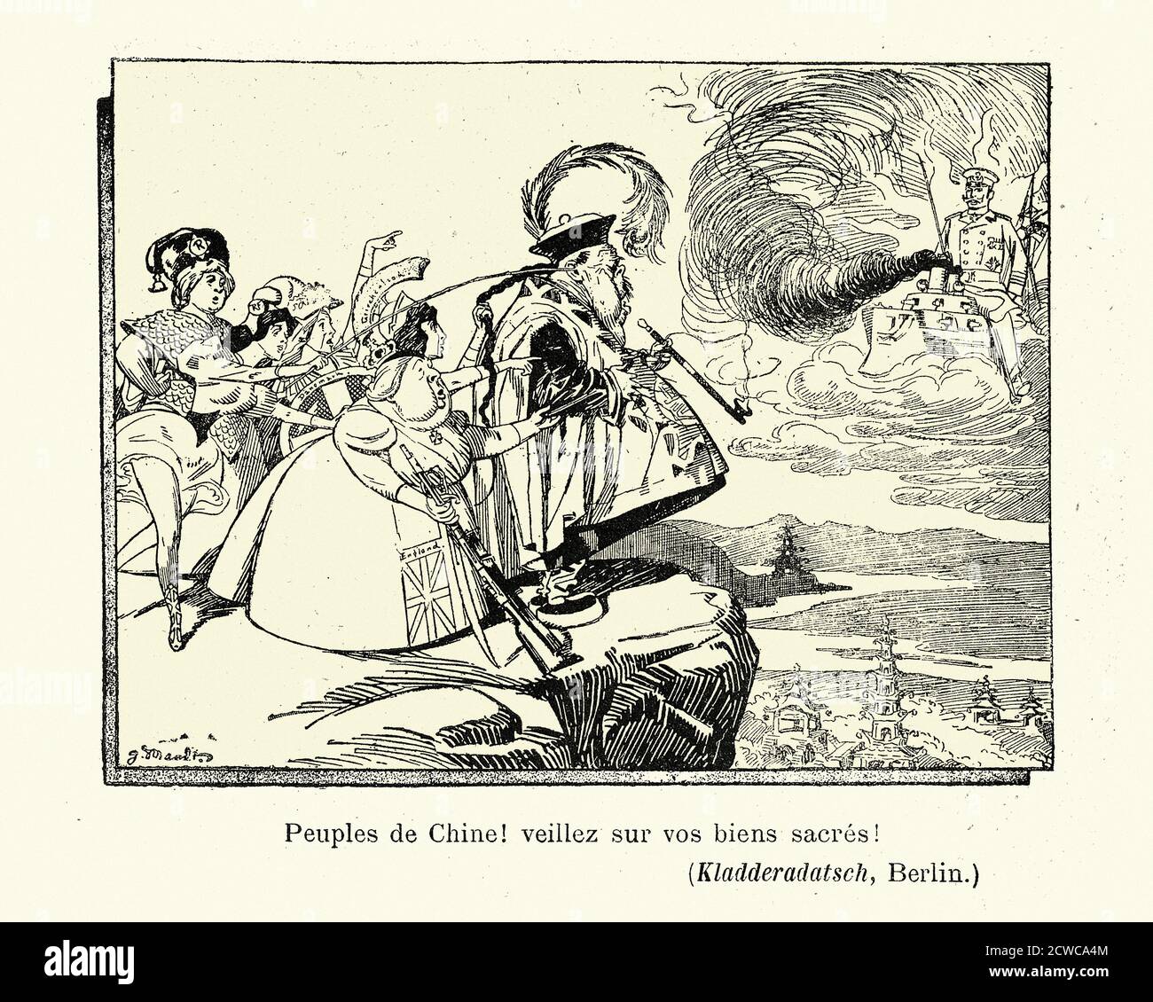 Vintage Illustration Viktorianische politische Karikatur, Europäische Mächte im Vergleich zu China, 19. Jahrhundert Stockfoto