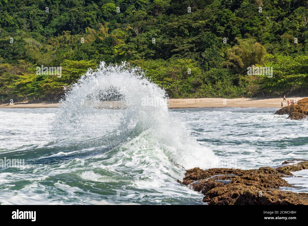 Wellen, die in freier Wildbahn viel weißen Schaum auf Felsen aufschlagen Brasilianischer Strand Stockfoto