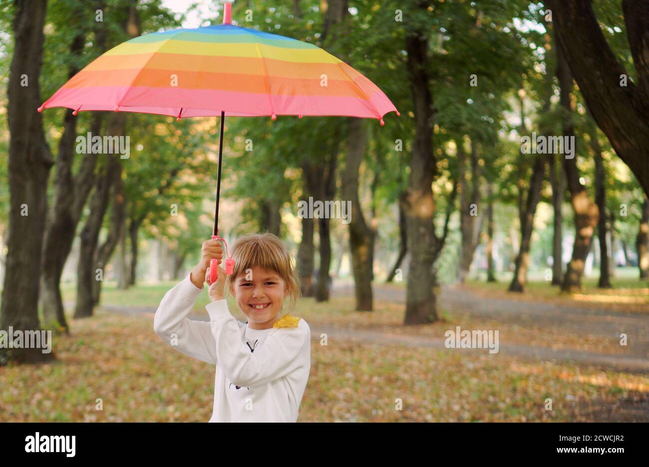 Ein kleines Mädchen steht fröhlich mit einem bunten Regenschirm. Herbstspaziergang. Hallo Herbst. Stockfoto