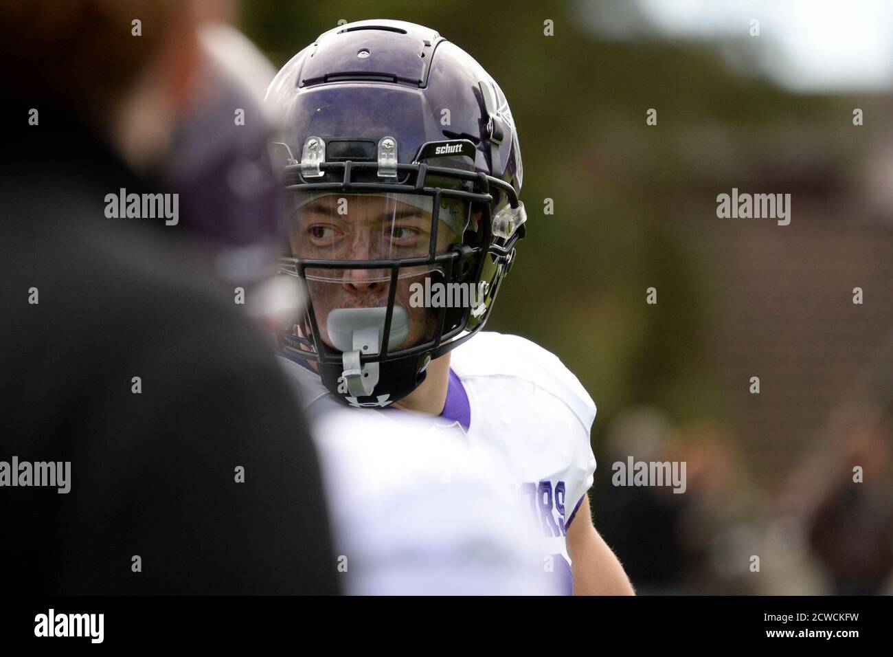 27.09.2020 - SAFV Swiss Cup 2020 - Zürich Renegades vs Basel Gladiators - Gladiators' RB und Kor Dimitri Gfeller on Die Bank Stockfoto