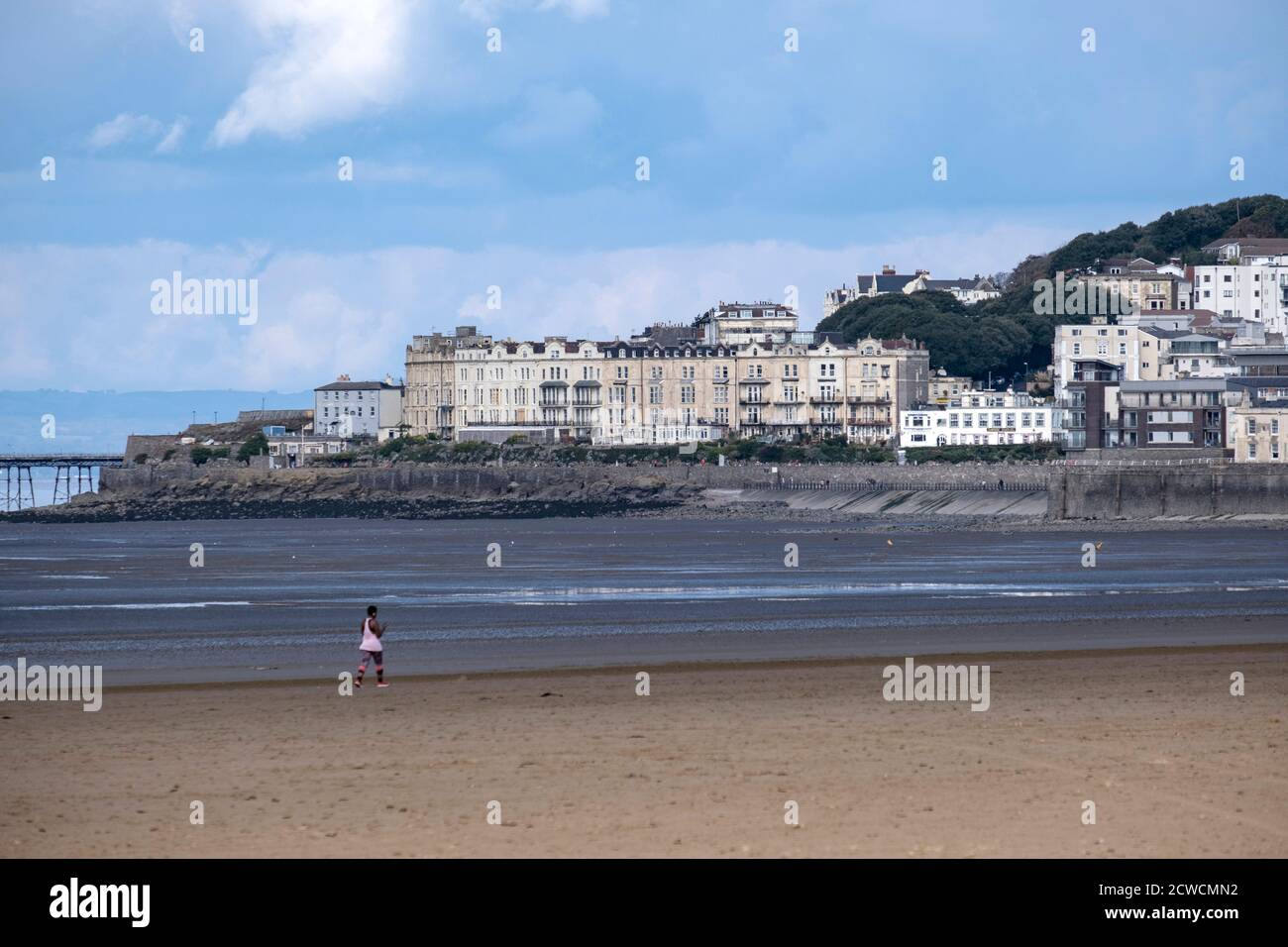Ein Blick über die Bucht im Weston Super Mare Urlaubsziel in Großbritannien. Stockfoto