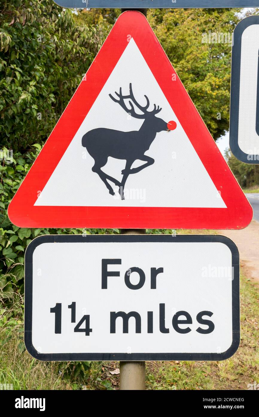 Ein Straßenschild, das vor wilden Tieren warnt, wurde geändert, um einen Hirsch mit einer zusätzlichen roten Nase zu zeigen. Stockfoto