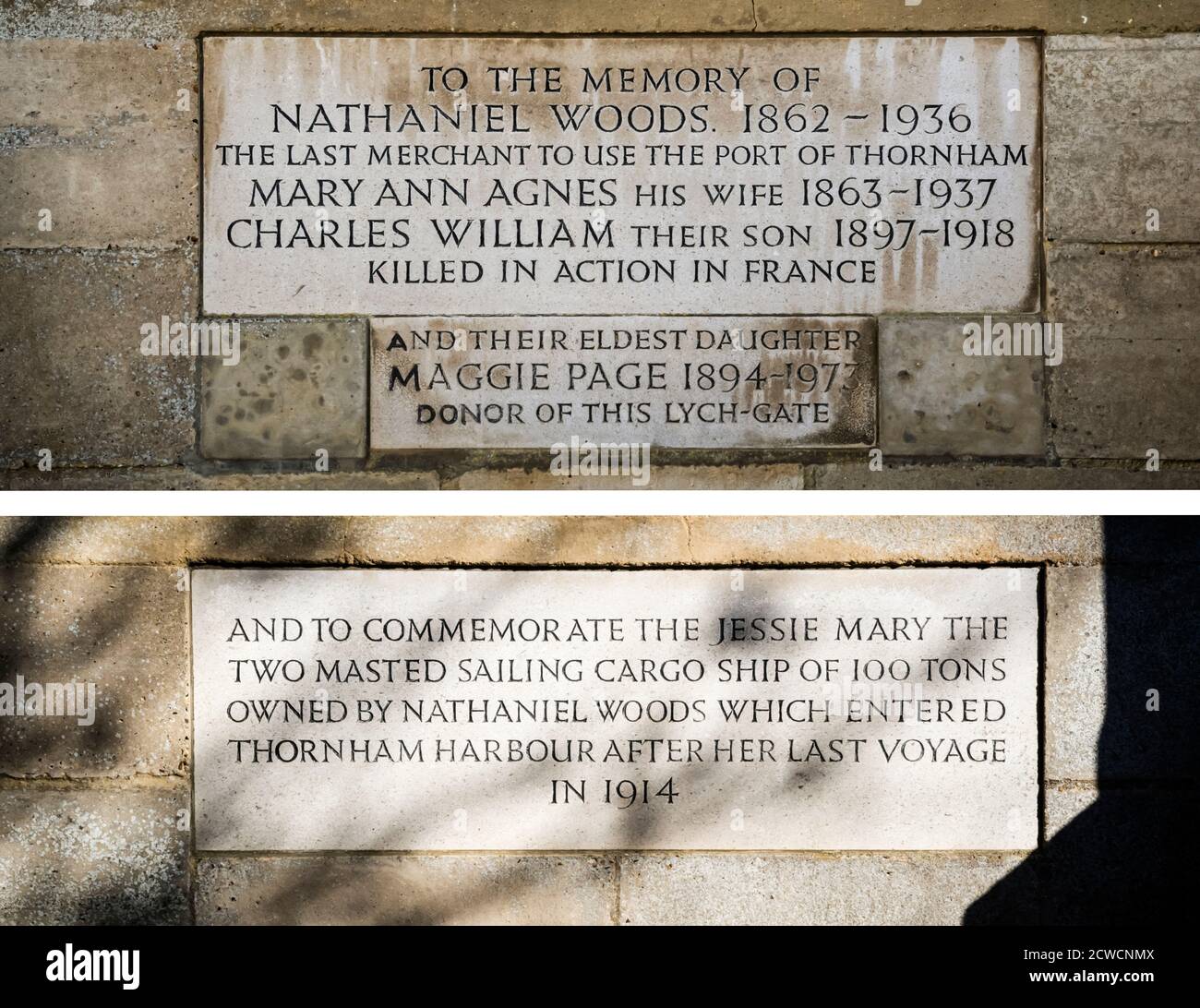Gedenksteine auf beiden Seiten des Laubentores in der Thornham Kirche zu Nathaniel Woods & seiner Familie zusammen mit seinem Schiff, der Jessie Mary. Stockfoto