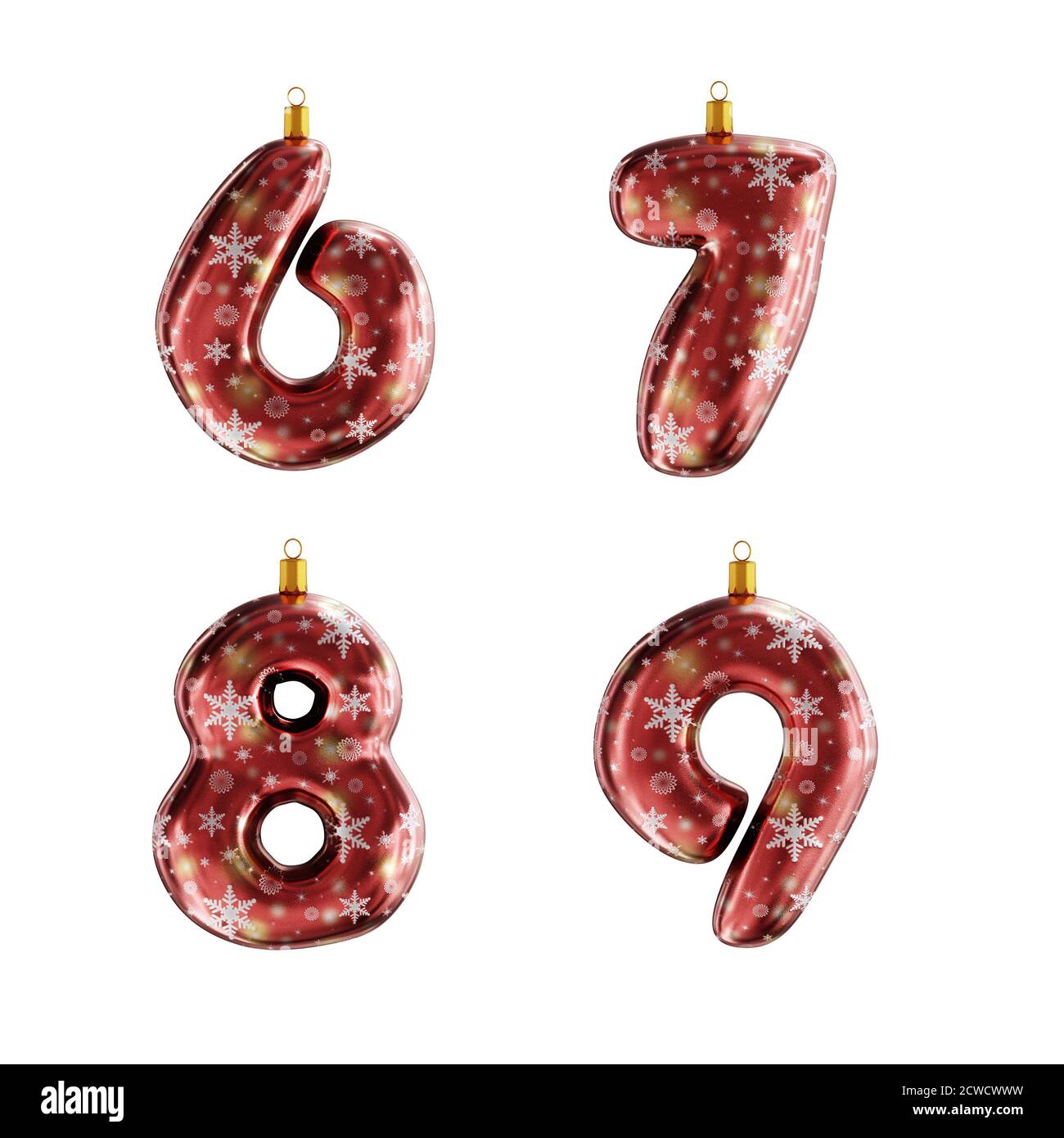 3D-Rendering von roten weihnachtsschmuck Alphabet auf weiß geschossen - Ziffern 6-9 Stockfoto