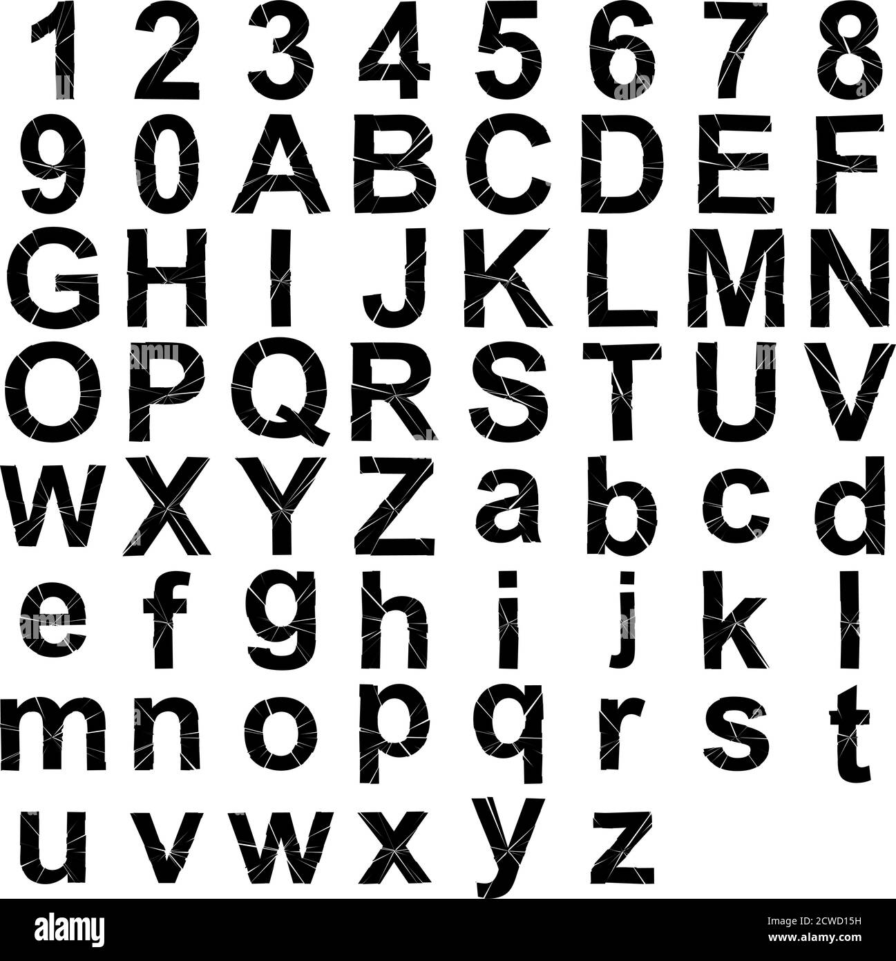 Full English lalphabet - ABC in Groß- und Kleinschreibung mit rissiger, Bruch-, zersplitterender Wirkung Stock Vektor